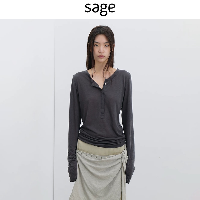 Sagestudio Two-Tone Henley Collar Mulberry Silk Lyocell Long-Sleeve T-Shirt for Women