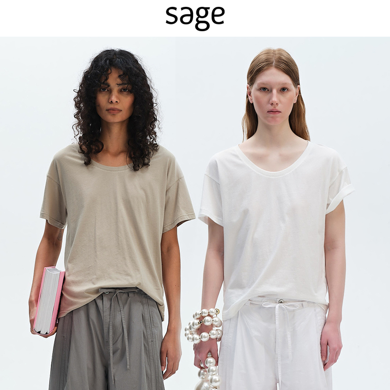 Sagestudio "Nana Style" Soft Washed Natural Cotton Two-Color U-Neck Short-Sleeve T-Shirt