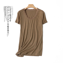 4813 2020 Summer New Lace Side Neckline Design Sensation T-shirt Woman Short Sleeve Pure Color Sashimi 100 Hitch Blouse