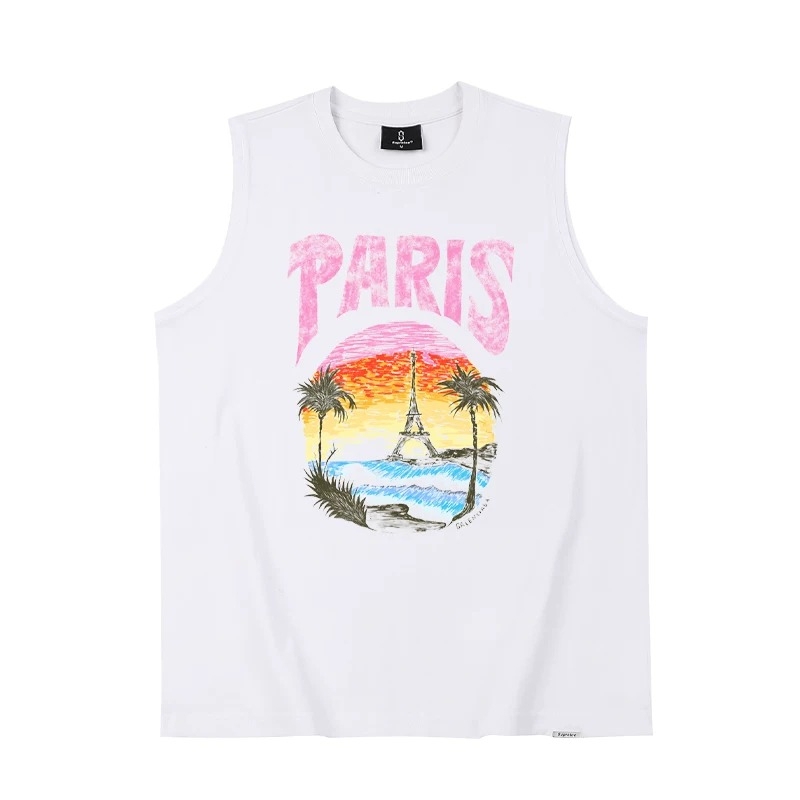 Whisper*26Ss Summer American-Style Sunset Print Hand-Painted Beach Vacation Pure Cotton Sleeveless T-Shirt Vest