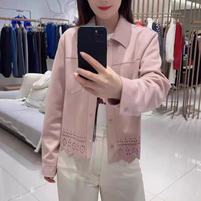 Authentic Cut-Label 2026 New Design Hollow-Out Easy-Care Faux Suede Lapel Jacket Short Coat for Women 1250A