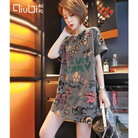 Хлопковая длинная летняя футболка с коротким рукавом, средней длины, свободный крой, большой размер