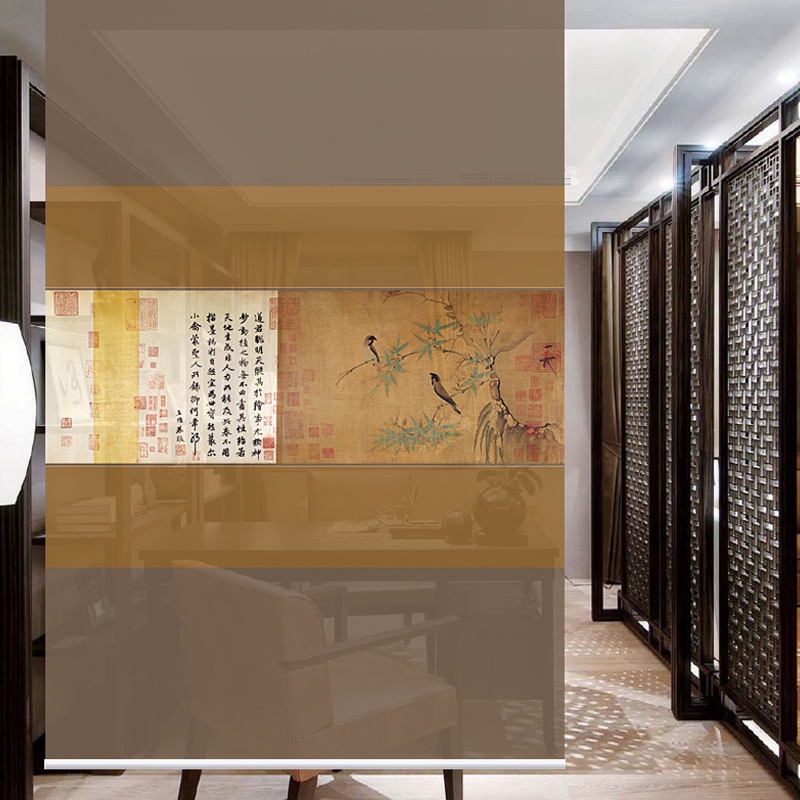 New Chinese style soft screen soft partition hanging screen modern living room transparent roller shutter curtain 0273 bamboo bird figure