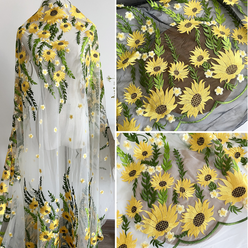 Light Champagne Black Mesh Fabric with Golden Sunflower Embroidery Lace, Water-Soluble Double-Sided Colorful Embroidered Skirt Material