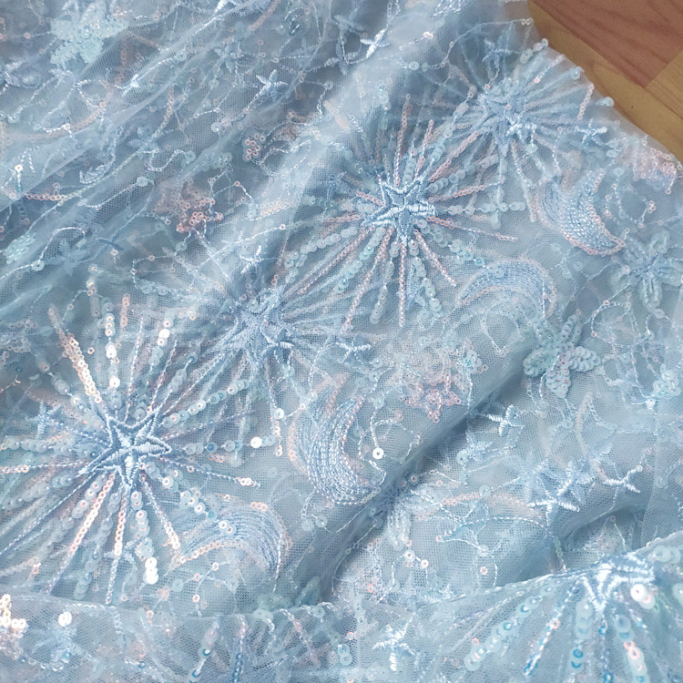1meter Stars and moon sequined yarn cloth dress see-through sequined dress fashion designer mesh embroidery fabric