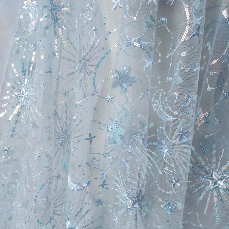 1meter Stars and moon sequined yarn cloth dress see-through sequined dress fashion designer mesh embroidery fabric