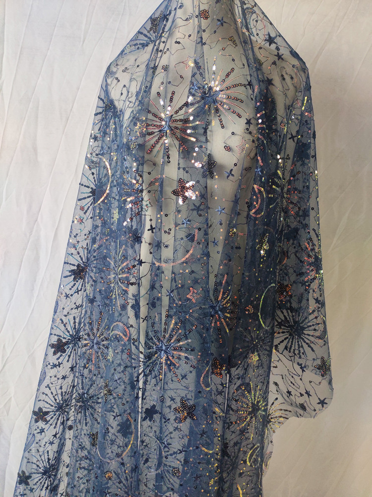 1meter Stars and moon sequined yarn cloth dress see-through sequined dress fashion designer mesh embroidery fabric