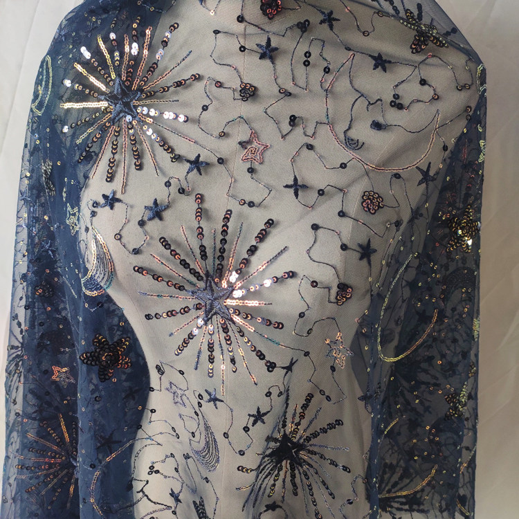 1meter Stars and moon sequined yarn cloth dress see-through sequined dress fashion designer mesh embroidery fabric