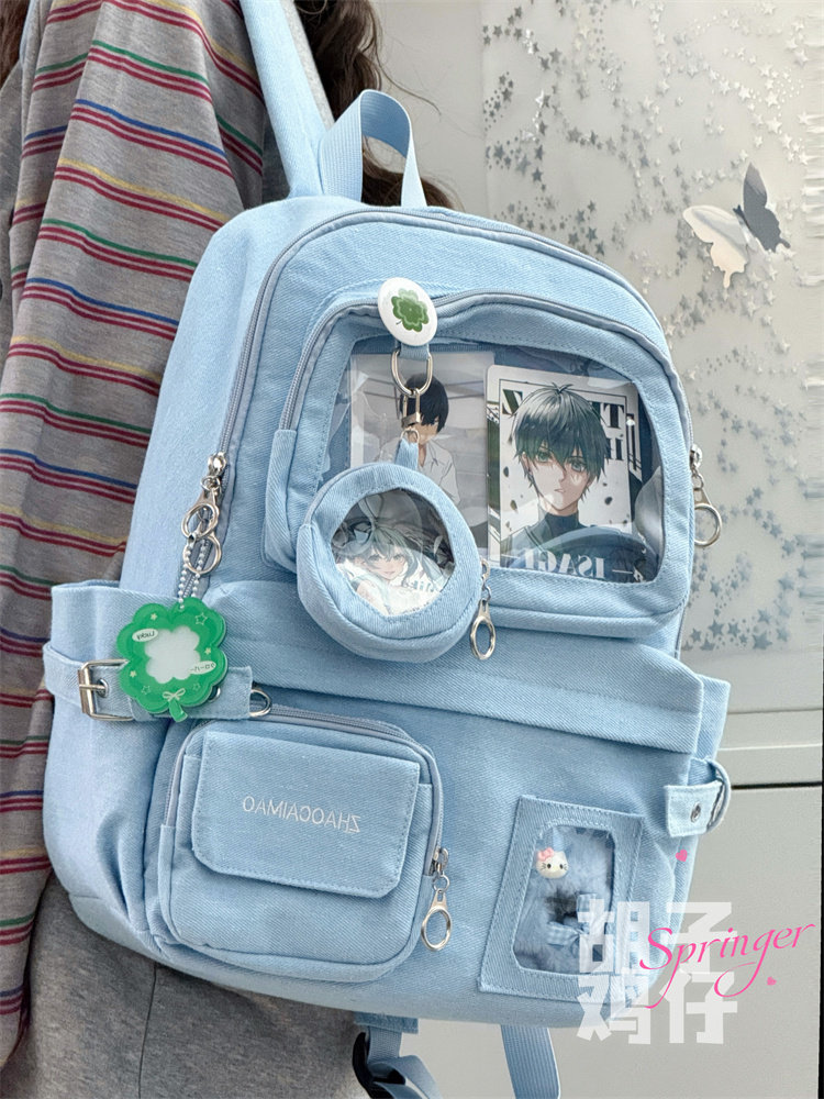 Bearded Chicken Retro Denim Backpack for Men, Two-Dimensional Transparent Backpack, Pain Bag for Female Students, Large Capacity Backpack