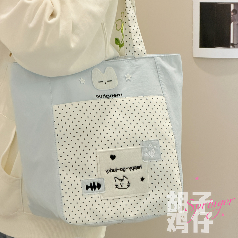 Cute Little Cat Tote Bag with a Mustache Chick Patch, Large Capacity, Suitable for Female Students Attending Classes or Tutoring, Polka Dot Canvas Bag
