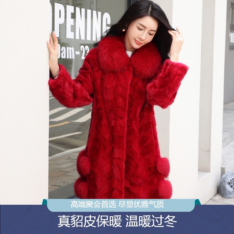 Off-Season Clearance Fur Coat for Women, Mink Coat, Genuine Mink, Haining Fox Fur Collar, Fashionable Young Style, Red