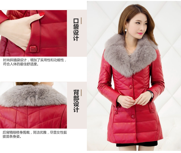 2017 mới Hained leather leather nữ da cừu xuống áo khoác nữ dài phần Slim big fox fur cổ áo áo khoác da nữ