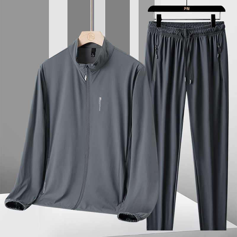 Middle-Aged Dad's Ice Silk Suit Men's Summer Long-Sleeved Sportswear Ultra-Thin Quick-Drying Stand-Up Collar Sun Protection Clothing and Pants Two-Piece Set Middle-Aged Dad's Ice Silk Suit Men's Summer Long-Sleeved Sportswear Ultra-Thin Quick-Drying Stand-Up Collar Sun Protection Clothing and Pants Two-Piece Set