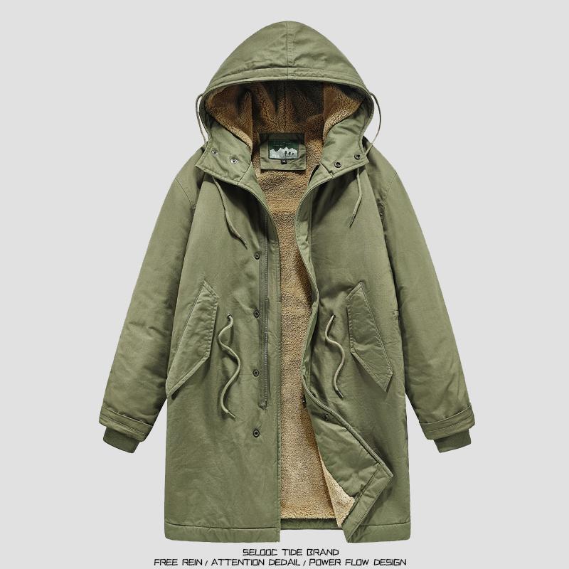Mid-Length Cotton Coat for Men, Winter Thickened Lamb Wool Jacket, American Style M51 Parka Military Coat, Fleece-Lined Cotton Coat