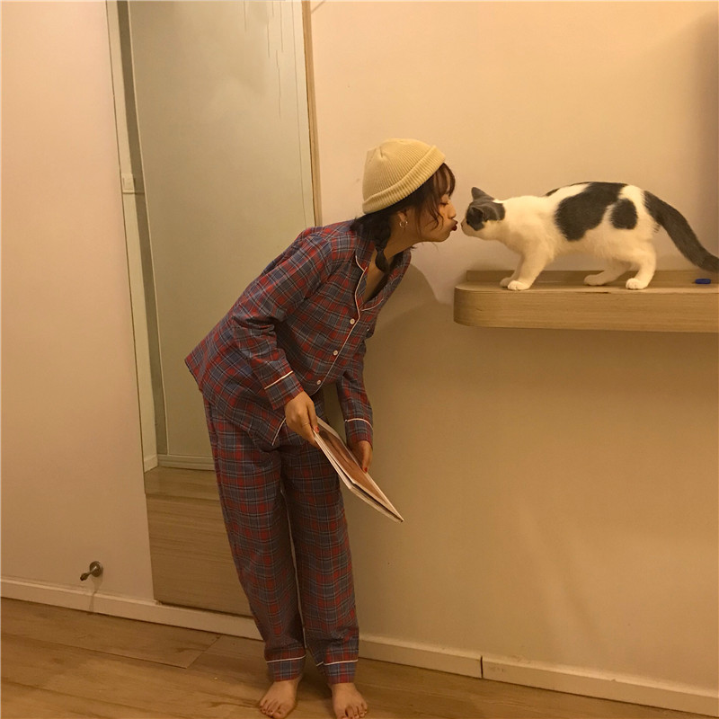 Chất lượng hàn quốc chất liệu cotton mềm mại thoáng khí mặc đồ ngủ kẻ sọc dài tay phù hợp với sản phẩm mới pijama nam
