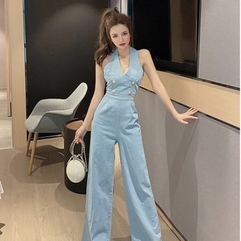 High waist loose straight wide leg pants 2022 summer new Korean version sexy backless halter neck denim jumpsuit women