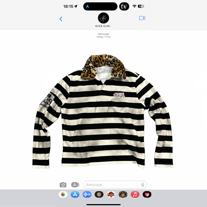 Klickclak Black and White Striped Distressed Spray-Printed T-Shirt Vintage Detachable Leopard Print Collar Polo