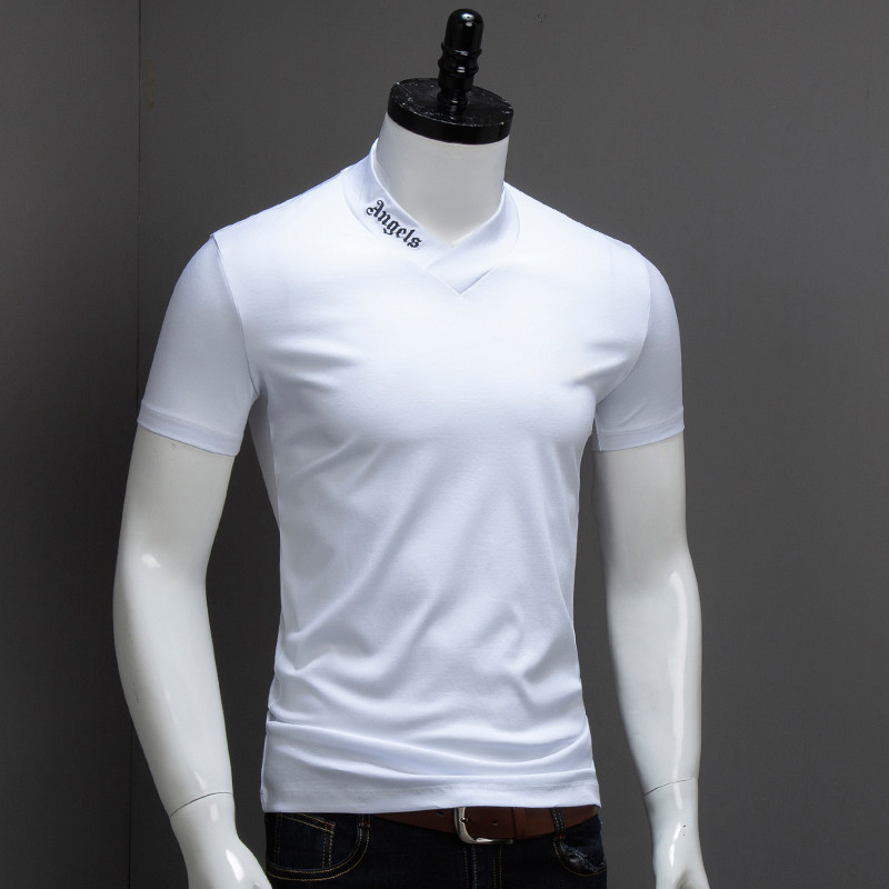 Summer Men's Double Mercerized Cotton T-Shirt with V-Neck, Cross Embroidery, Short Sleeves, Slim Fit, Trendy, Suitable for Layering or as a Base Layer Summer Men's Double Mercerized Cotton T-Shirt with V-Neck, Cross Embroidery, Short Sleeves, Slim Fit, Trendy, Suitable for Layering or as a Base Layer