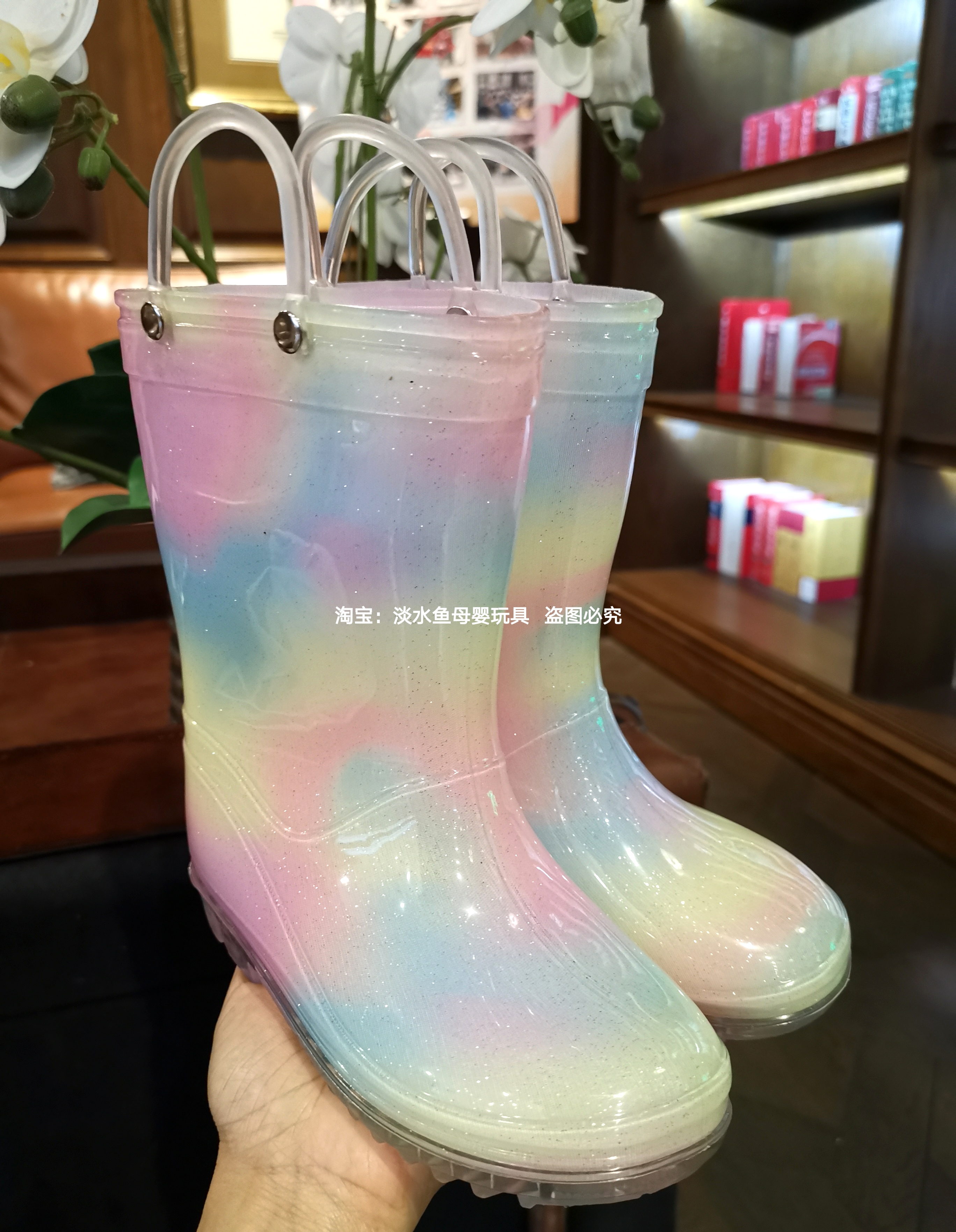 Parent-child export rainbow children's rain boots primary school girl treasure kindergarten non-slip mid-tube rain boots rainbow four seasons water shoes