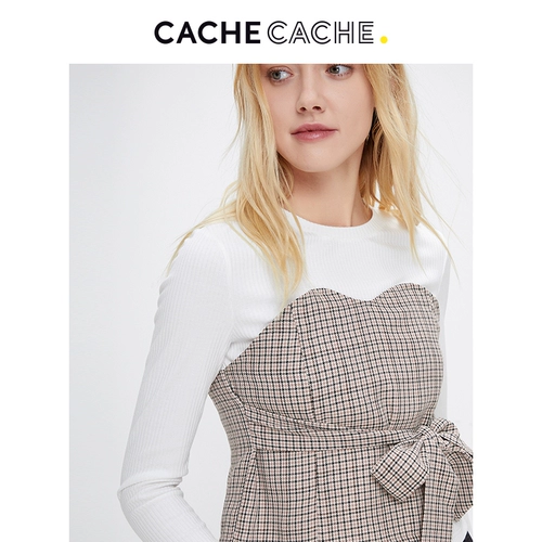 Cachecache2020 Весенний и осенний стиль в стиле Retro Hepburn Slim Splicing Plicing Bow Top Top Top для женщин