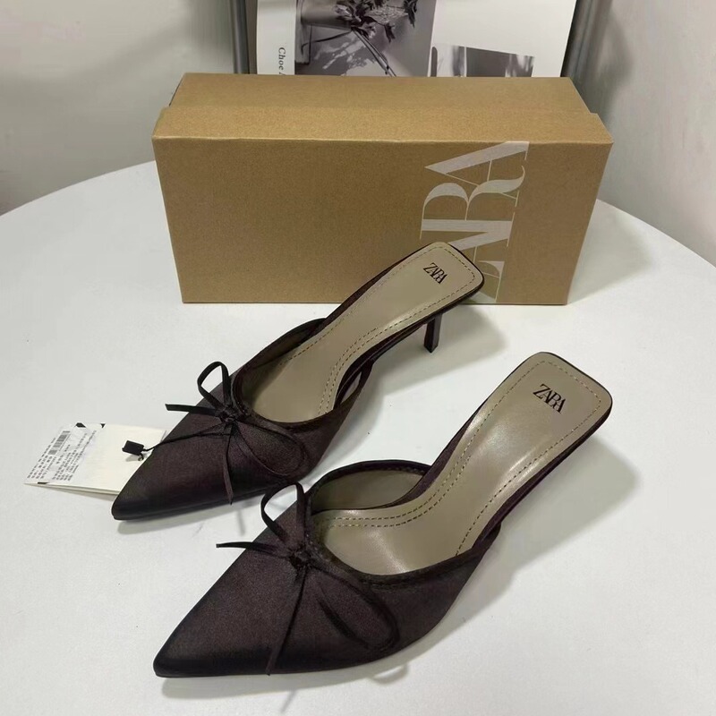 Za New Product 2025 Pointed Toe Mules with Bow, Brown High-Heeled Mules, Stiletto Heel, Backless Half-Slipper Sandals for Women