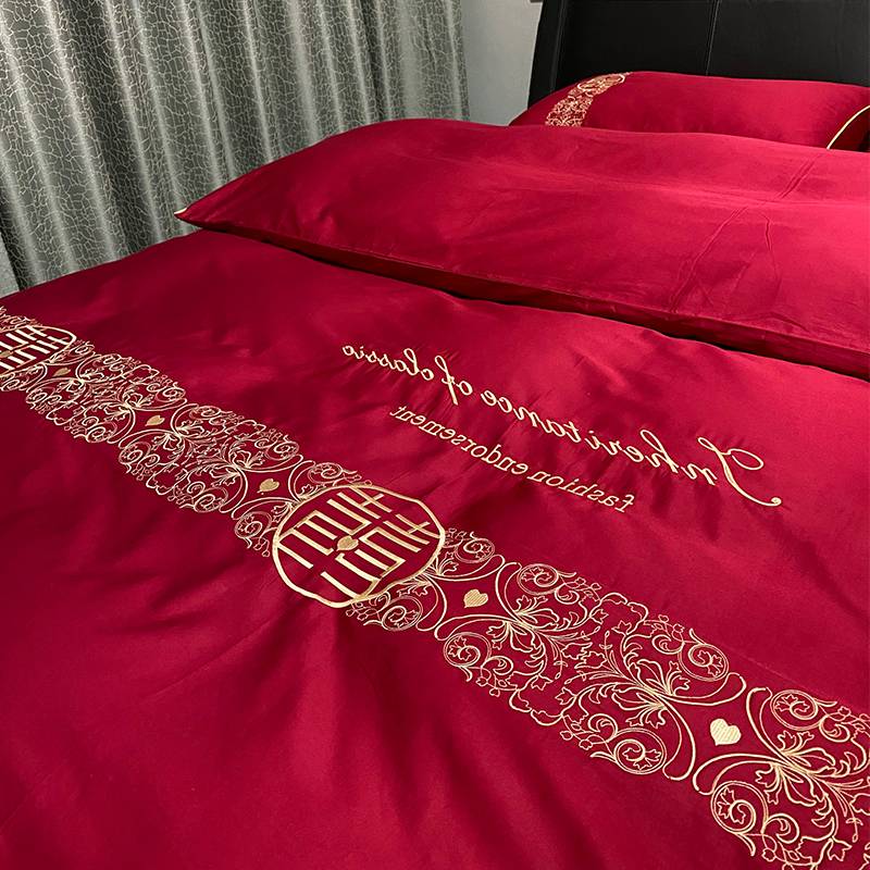 Red wedding bedding four-piece wedding hi quilt pure cotton high-grade quilt Wedding room big red cotton bed single tide