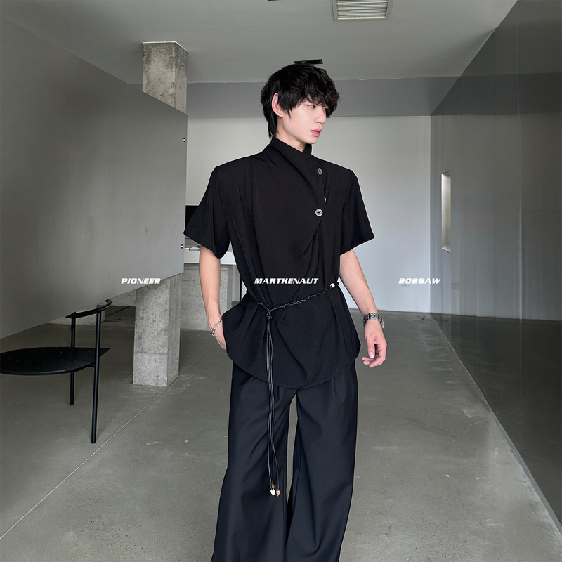 Marthenaut Niche Design Deconstructed Stand-Up Collar Irregular T-Shirt for Men, Loose Casual Versatile Short-Sleeve Top Marthenaut Niche Design Deconstructed Stand-Up Collar Irregular T-Shirt for Men, Loose Casual Versatile Short-Sleeve Top