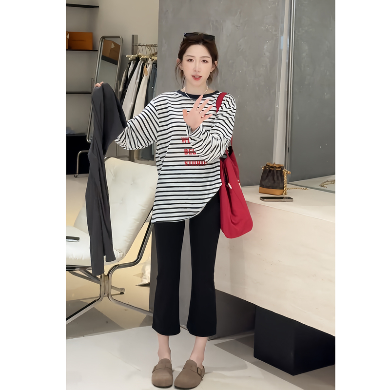 Summer Lazy Style Relaxed Outfit Set Striped Long-Sleeve T-Shirt Versatile Slimming Casual Leggings Two-Piece Set
