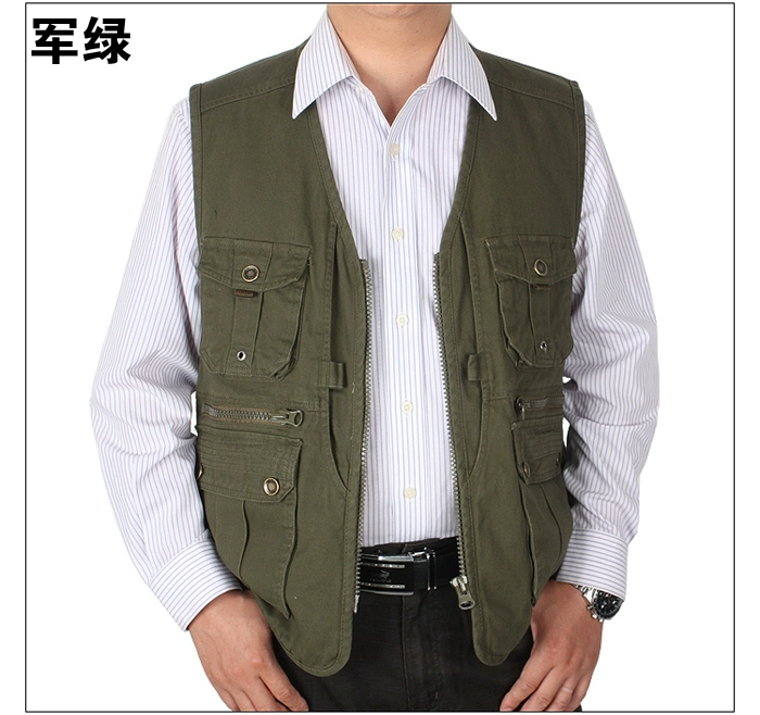 Mùa xuân và mùa thu cotton nam nhiều túi quần trung và tuổi già kích thước lớn nhiều túi chụp ảnh câu cá vest vest giặt áo khoác thu đông