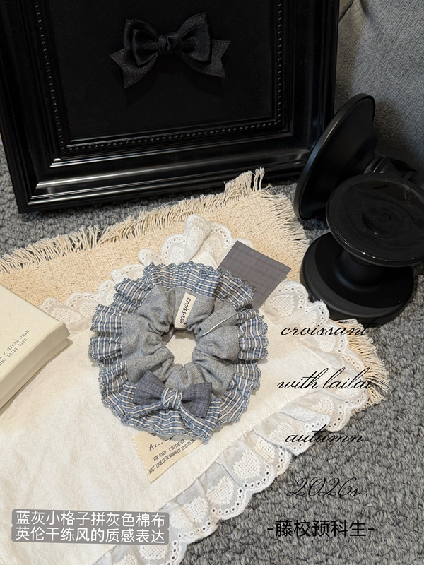 Croissant Handmade｜Yale Preppy Style Blue Plaid Patchwork Hair Tie with Bow, Scrunchie Hair Tie in College Style