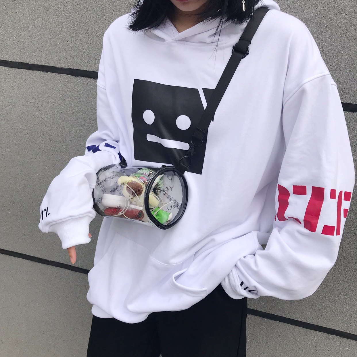 Proud of life must be happy original print transparent shoulder messenger bag backpack round bucket bag