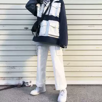 PUNIAMA Japanese retro ins Super Fire white multi-pocket overalls men's and women's trend washed overalls military pants