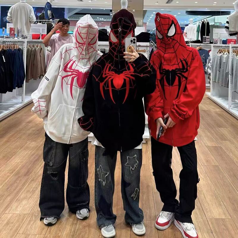 Trendy American-Style Spider Print Hooded Sweatshirt for Women, Spring and Autumn Thin Cardigan, Loose High Street Couple Zipper Jacket Trendy American-Style Spider Print Hooded Sweatshirt for Women, Spring and Autumn Thin Cardigan, Loose High Street Couple Zipper Jacket