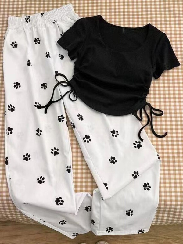 Korean Style Lazy Outfit Sweet and Spicy Girl Short Drawstring Regular Shoulder T-Shirt + Dog Paw Print Casual Pants Versatile Two-Piece Set