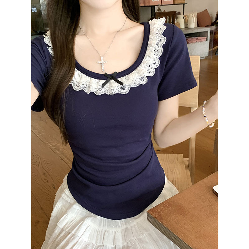 American-Style Fashionable Bow-Knot Lace-Trimmed T-Shirt for Women, Summer Hot Girl Short-Sleeve Round-Neck Slim-Fit Lace Patchwork Top