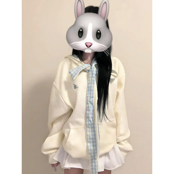 Korean style sweet plaid bow tie hooded sweatshirt for women autumn and winter new design loose lazy jacket trendy