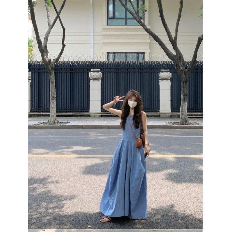French Resort Style Blue Vest Dress for Women, Summer 2025 New Design, Waist-Cinching A-Line Long Skirt