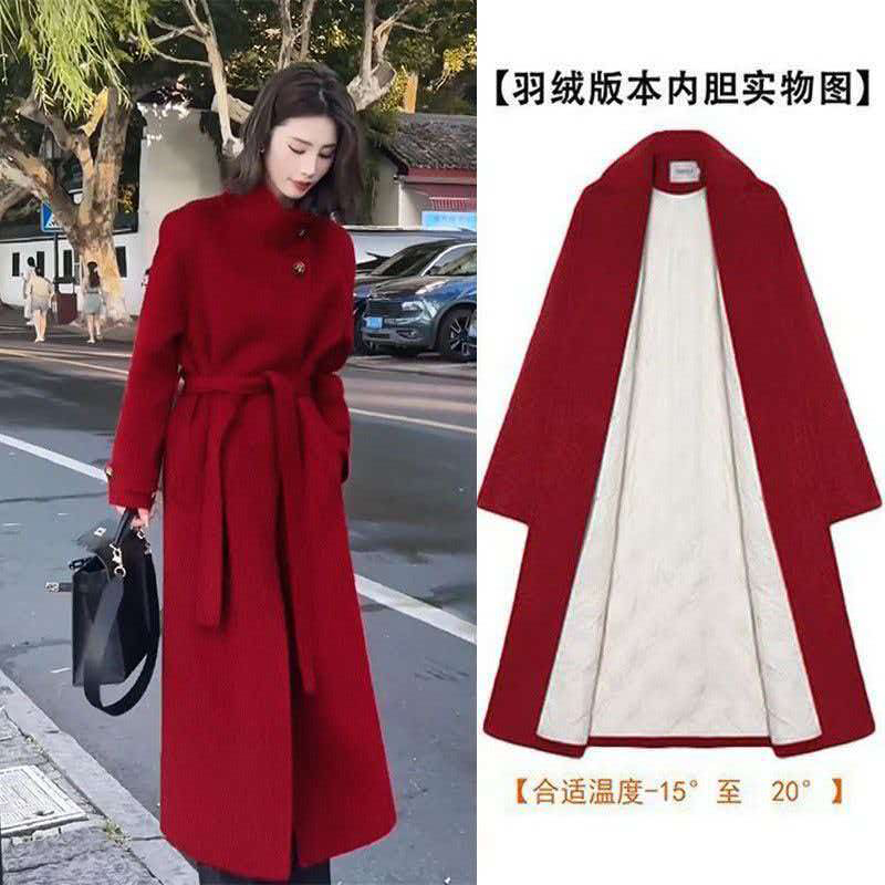High-End Red Down-Lined Woolen Coat for Women, Winter Stand-Up Collar, Waist-Cinching, Mid-Length, Thickened, Warm Woolen Coat High-End Red Down-Lined Woolen Coat for Women, Winter Stand-Up Collar, Waist-Cinching, Mid-Length, Thickened, Warm Woolen Coat