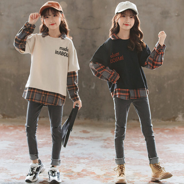 Girls stitching fake two-piece plaid lapel sweater jacket spring and autumn children's clothing casual Western-style casual middle-aged girls