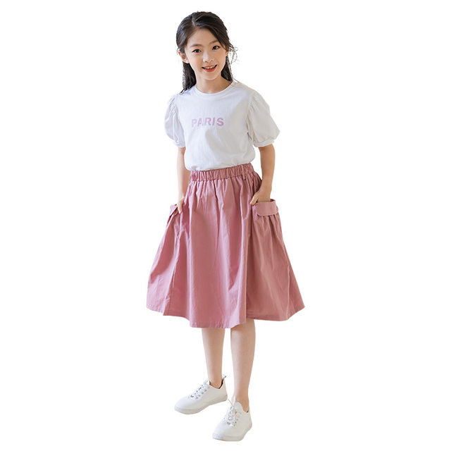 Summer girls short-sleeved T-shirt cute skirt suit 2022 middle-aged children's puff sleeve top student two-piece set