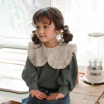 2022 spring girls' big lapel sweet top lace lantern sleeve sweater baby princess style bottoming shirt pure cotton