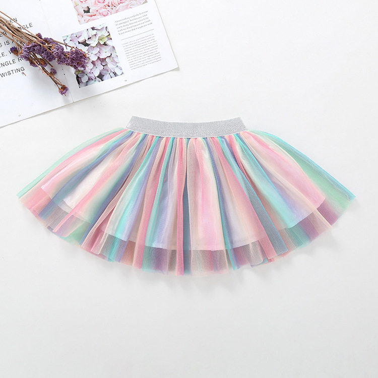2021 summer new girls mesh skirt princess gradient rainbow skirt female baby wild pleated short skirt