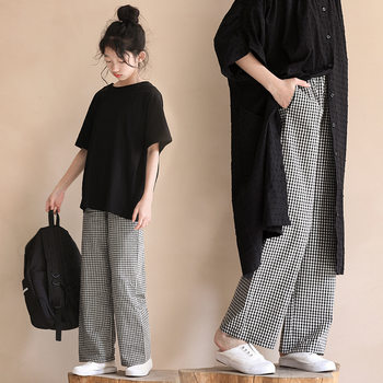 Spring girls' plaid pants loose black and white plaid straight pants middle-aged children's casual trousers spring and summer Japanese cotton pants