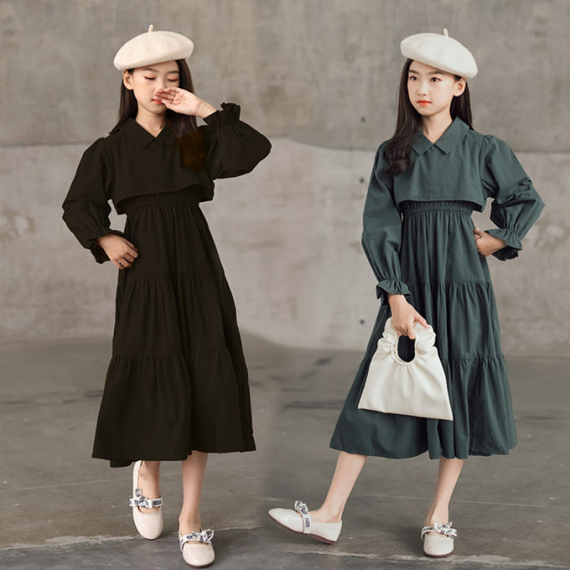 2022 spring and autumn girls' long-sleeved western-style dress shirt collar big swing skirt big boy simple temperament high waist long skirt