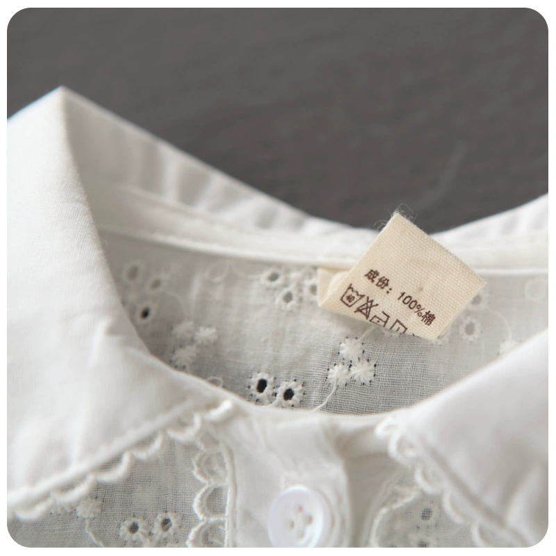Mùa xuân 2018 mới cho bé gái thêu trắng cổ áo búp bê cotton dài tay áo sơ mi chạm đáy