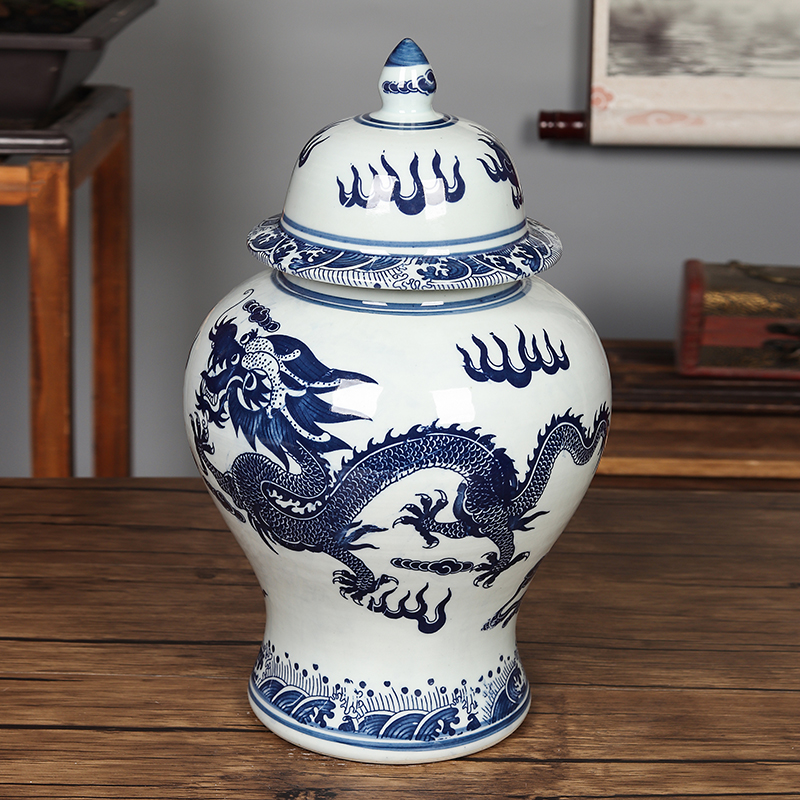 Jingdezhen Qinghua General pot tea large number ceramic Longgrain storage jar imitation ancient with lid home Decorative Items Swing-Taobao