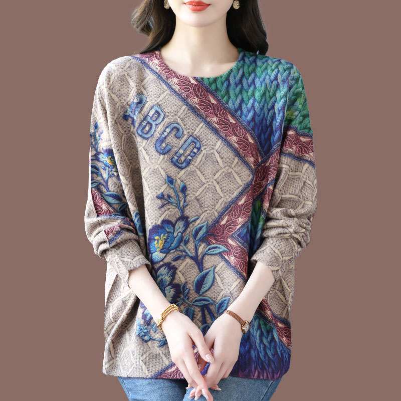 Elegant Printed Long-Sleeve Short Sweater for Women, Plus Size, Loose Fit, Tummy-Concealing Cashmere Wool Base Shirt Top