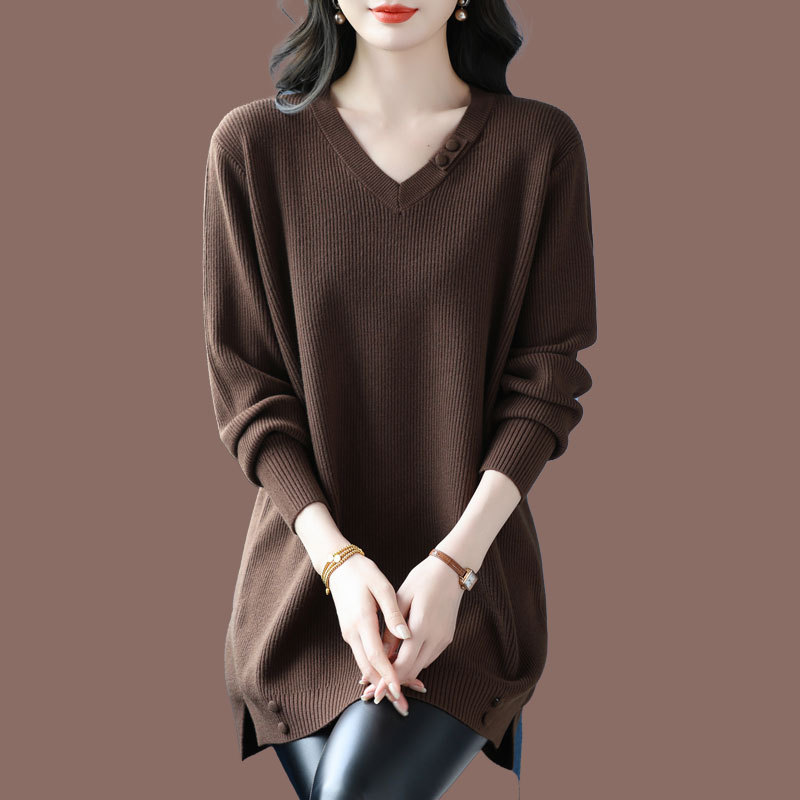 Plus-Size Mid-Length V-Neck Solid Color Wool Sweater for Autumn and Winter, Extra Large Cashmere Base Shirt Top for Women Plus-Size Mid-Length V-Neck Solid Color Wool Sweater for Autumn and Winter, Extra Large Cashmere Base Shirt Top for Women