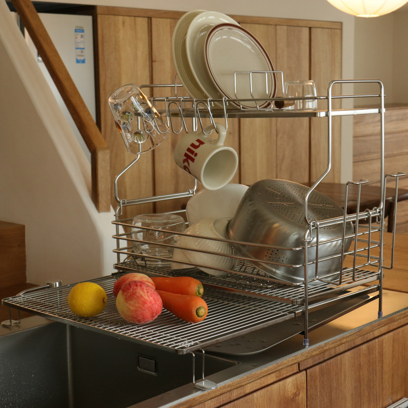 Nati Home Double-Layer Stainless Steel Retractable Dish Rack Sink Storage Rack Kitchen Dish Rack Drain Blue