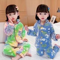 Childrens flannel pajamas autumn and winter girls coral velvet thickened Princess little girl warm home clothing set tide